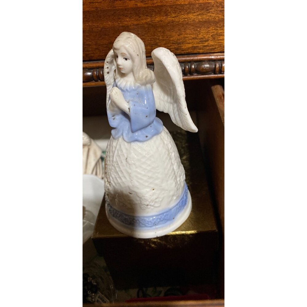 Hand-Painted Porcelain Praying Angel Figurine With Blue & White Dress